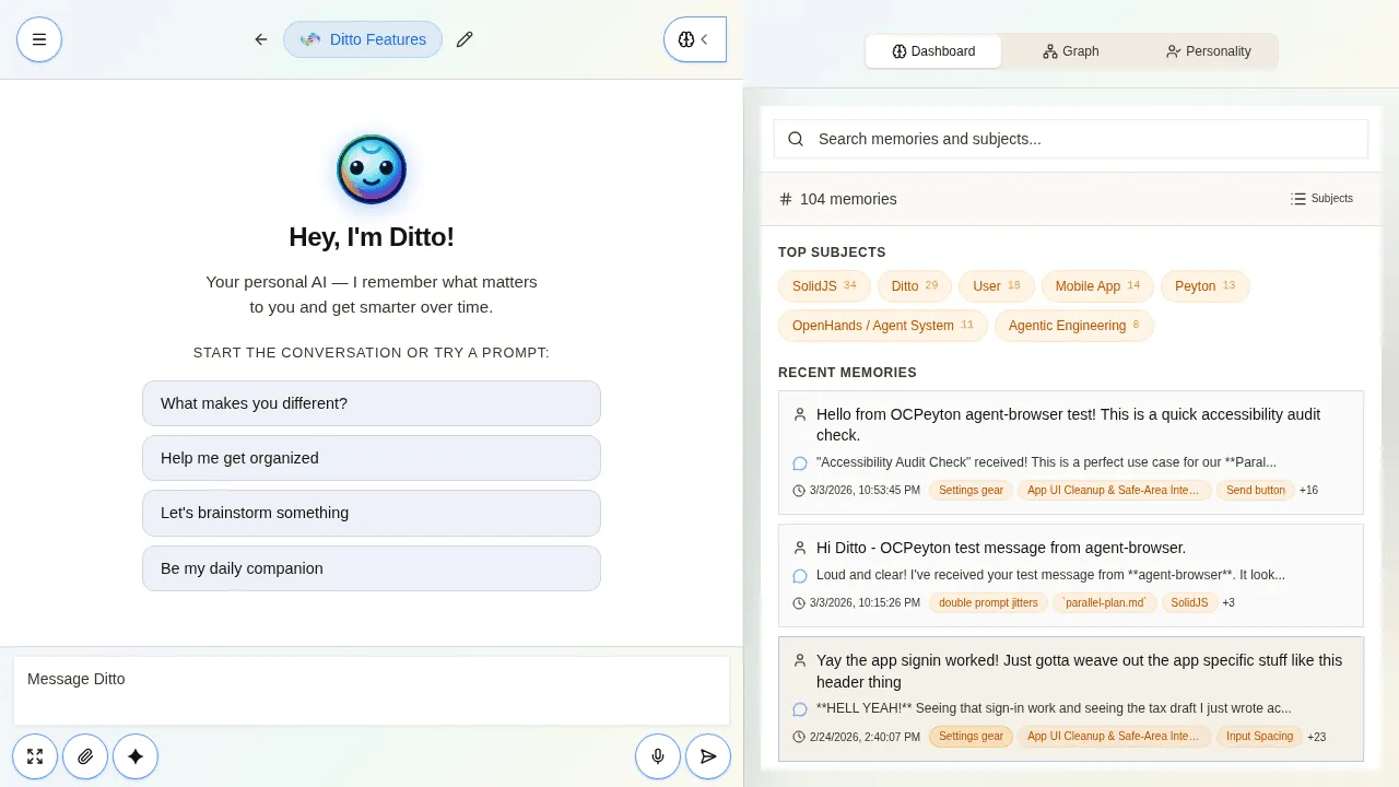 The Ditto app — threads, memories dashboard, and top subjects all in one view
