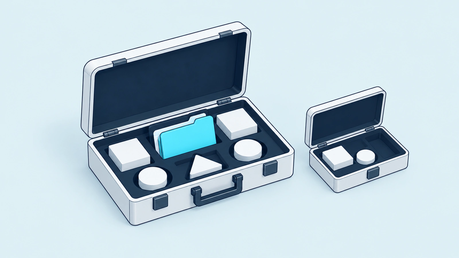 A fitted case holds resource blocks, connection pieces and a cyan folder; a smaller case cannot hold the full set.