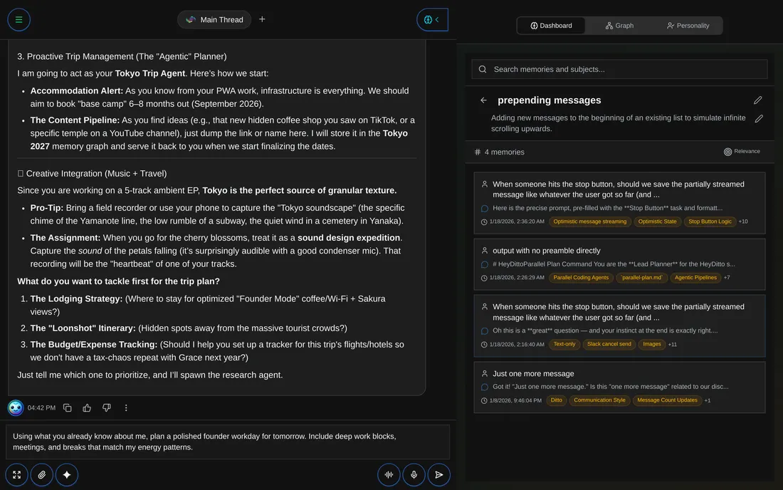 Ditto AI assistant recalling memories and planning your day