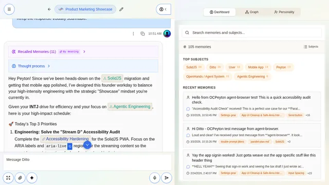 Memory dashboard with subjects, search, and recent memories