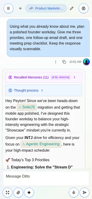 Ditto mobile app showing a conversation with memory recall