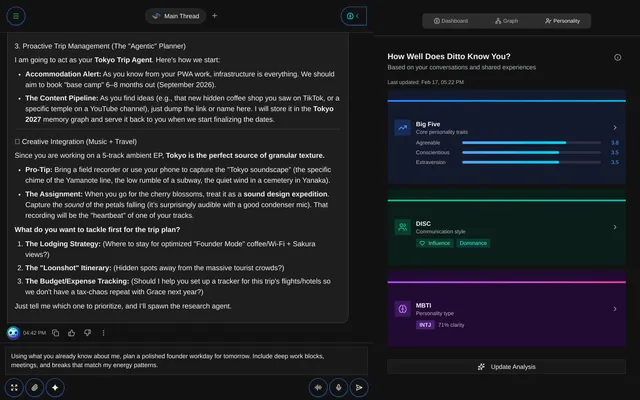 Personality insights panel showing Big Five and DISC profiles
