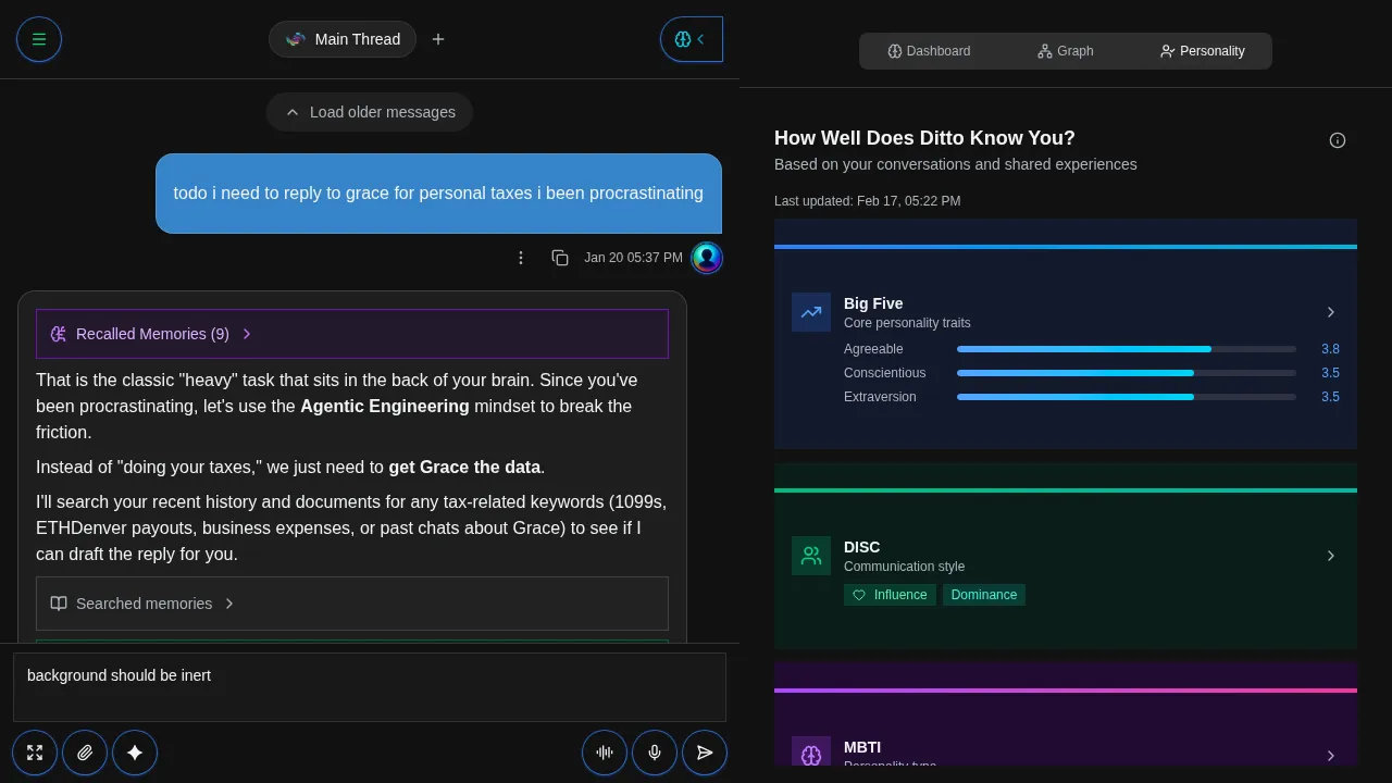 Personality insights panel showing Big Five traits and DISC profile