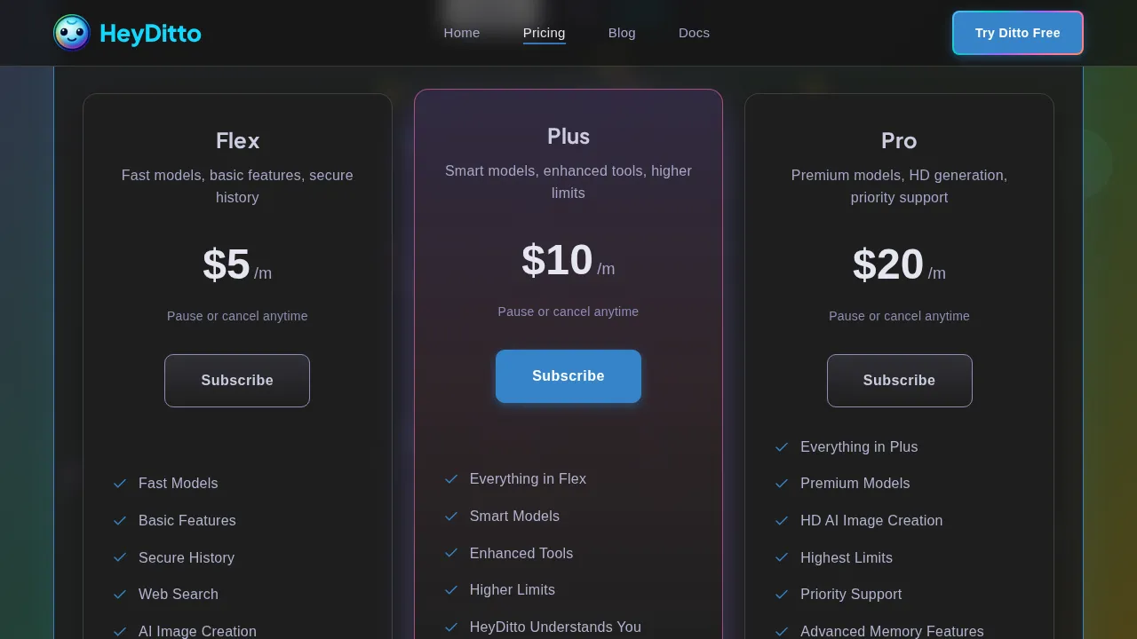 Pricing tiers showing Flex, Plus, and Pro plans