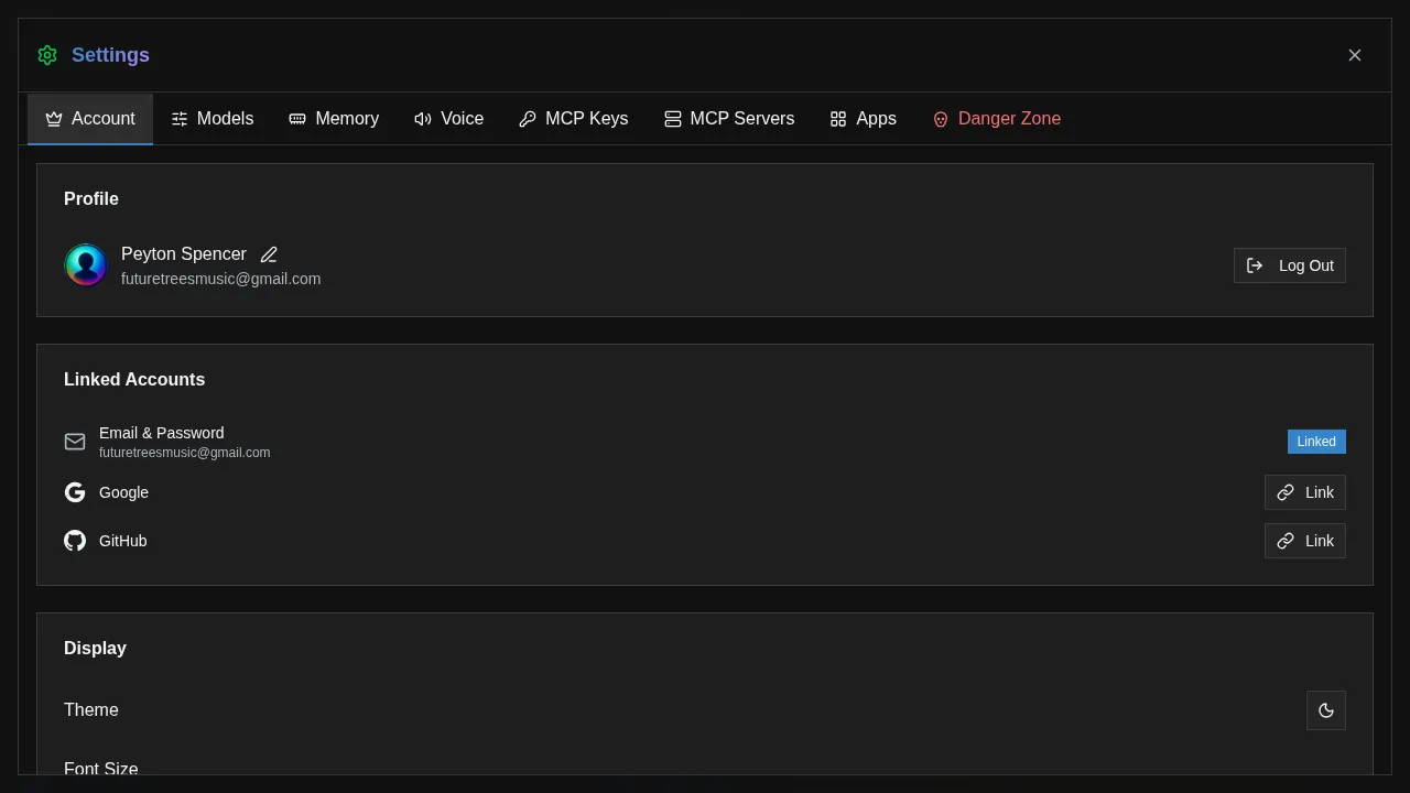 Account settings showing linked accounts — Email, Google, and GitHub options