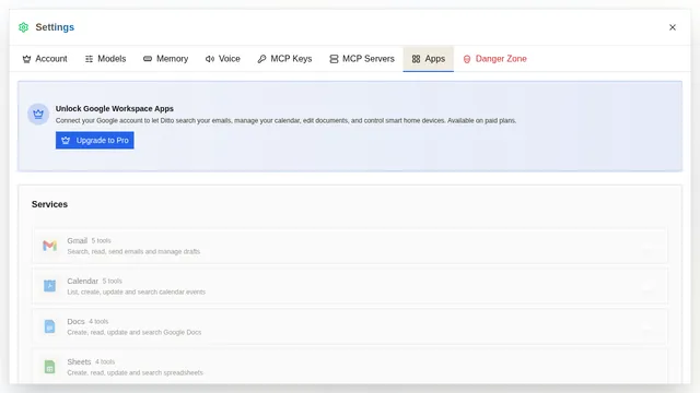 Settings panel showing Google Workspace integration with Gmail, Calendar, Docs, Sheets