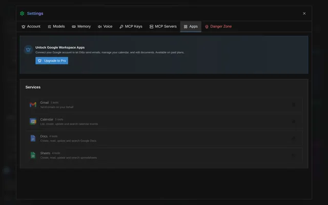 Settings panel showing Google Workspace integration with Gmail, Calendar, Docs, Sheets