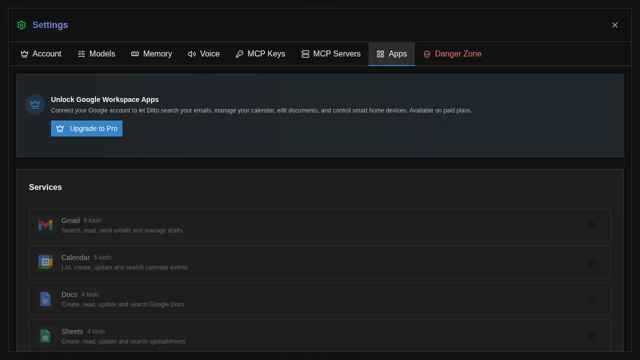 Apps settings showing Google Workspace services — Gmail, Calendar, Docs, and Sheets