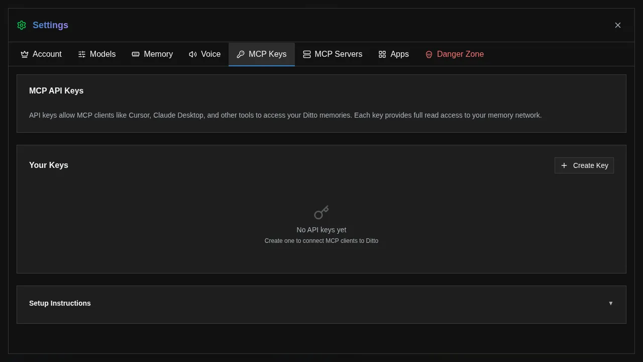 Settings MCP Keys tab showing API key management