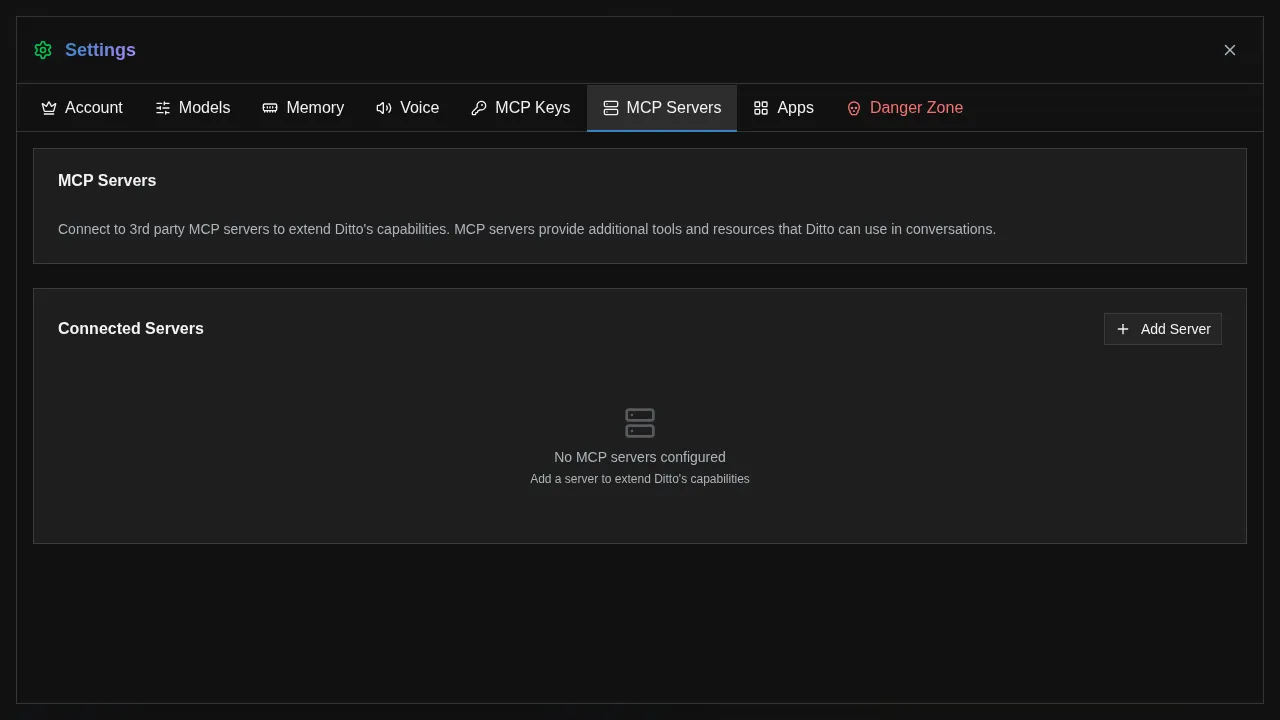 Settings MCP Servers tab showing server configuration
