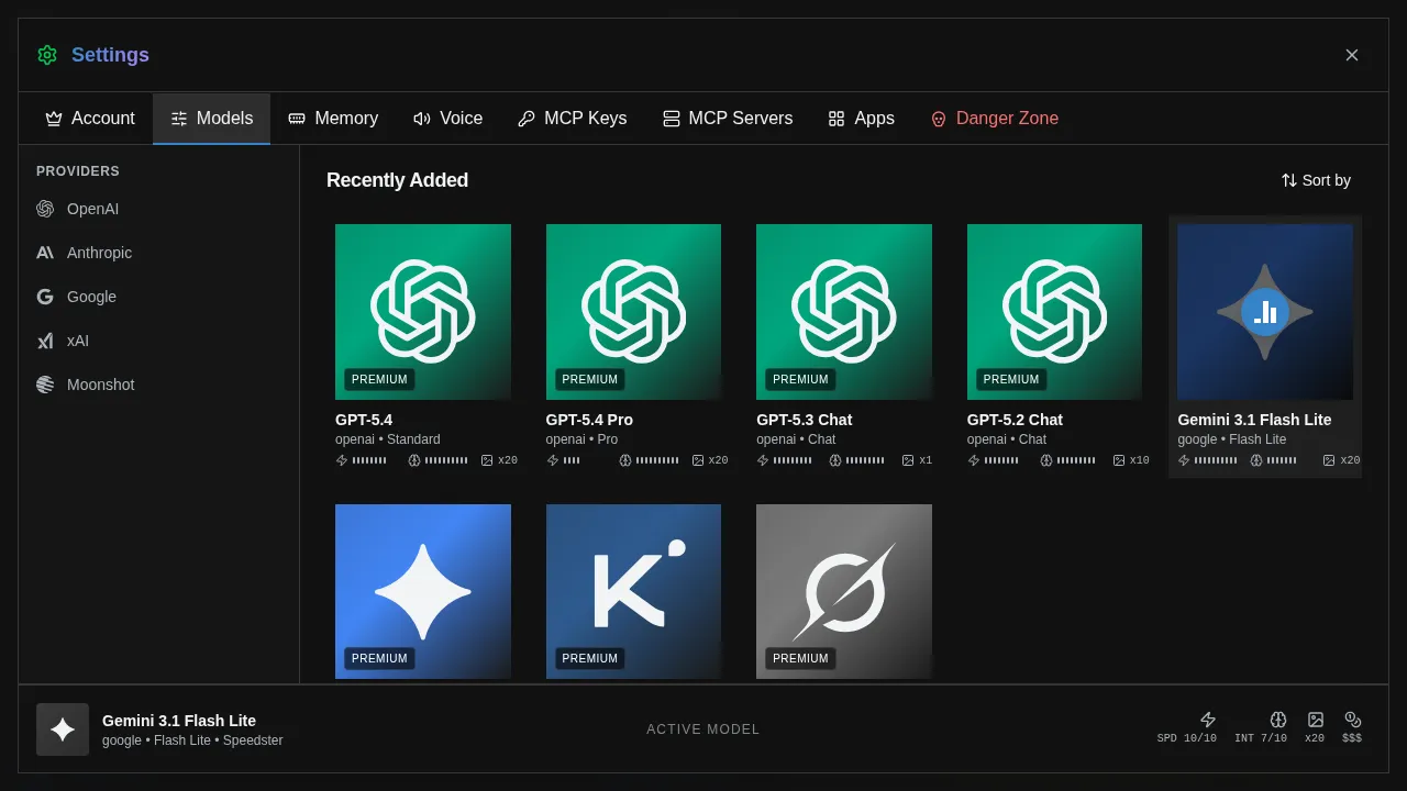 Settings Models tab showing AI model cards from OpenAI, Anthropic, Google, xAI, and Moonshot