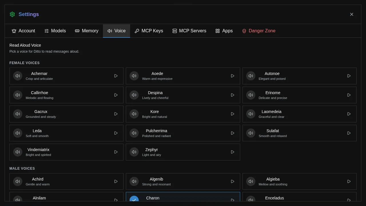 Voice settings showing female and male voice options with preview buttons