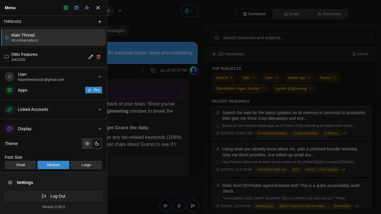 Sidebar showing threads with edit and delete options