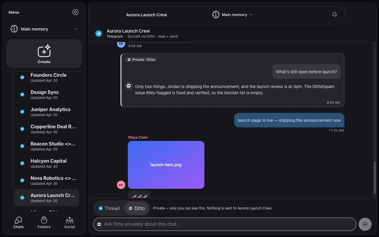 The composer switched to Ditto, showing a private answer about the chat with the note that nothing is sent to the group