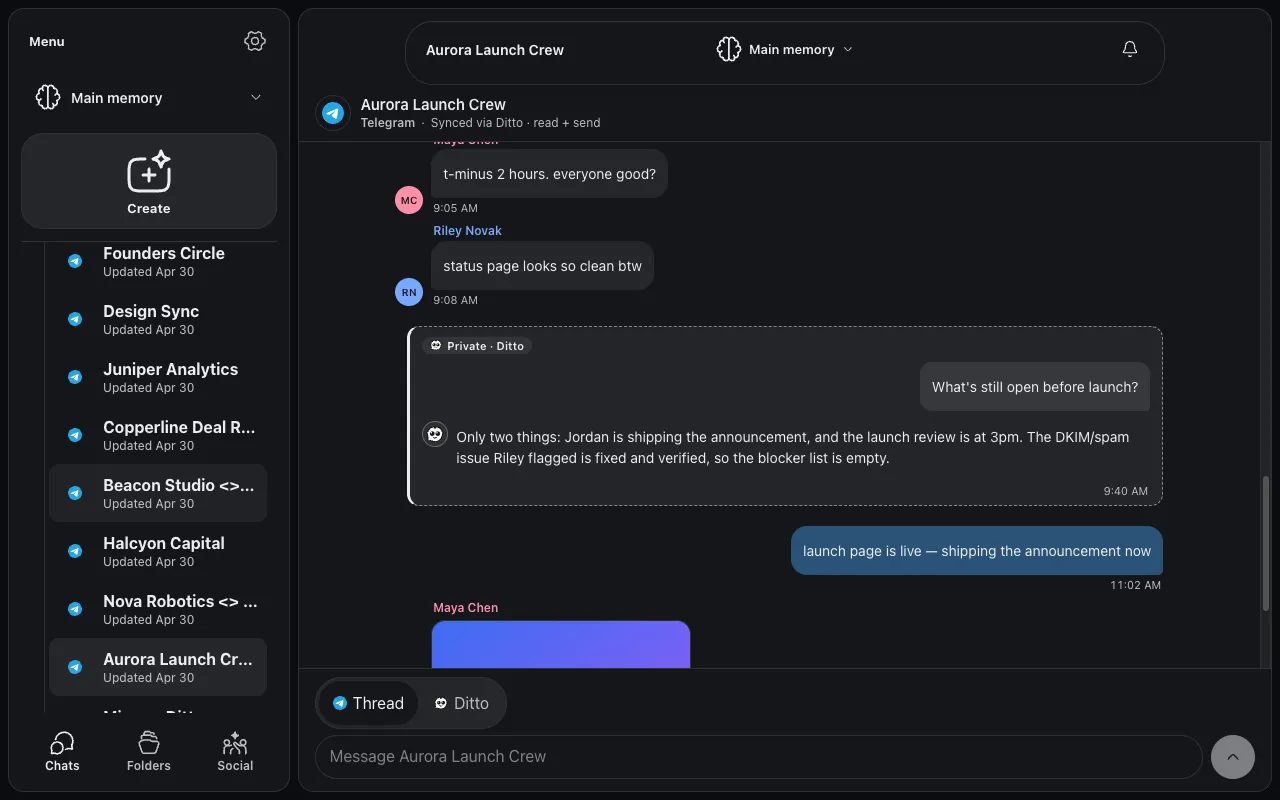 A synced Telegram group open in Ditto as a native chat thread, with message bubbles, an image attachment, and a Thread / Ditto composer toggle
