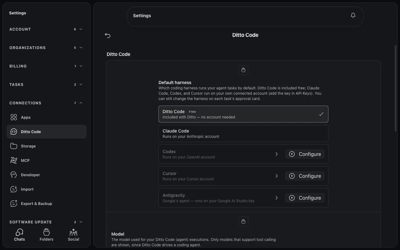 Ditto Code settings showing the default harness picker with Ditto Code selected and Claude Code, Codex, Cursor, and Antigravity options