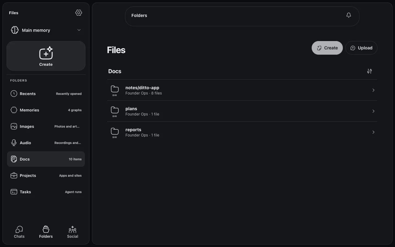 Files surface showing folder categories including Tasks, with a Docs tree of notes, plans, and reports folders