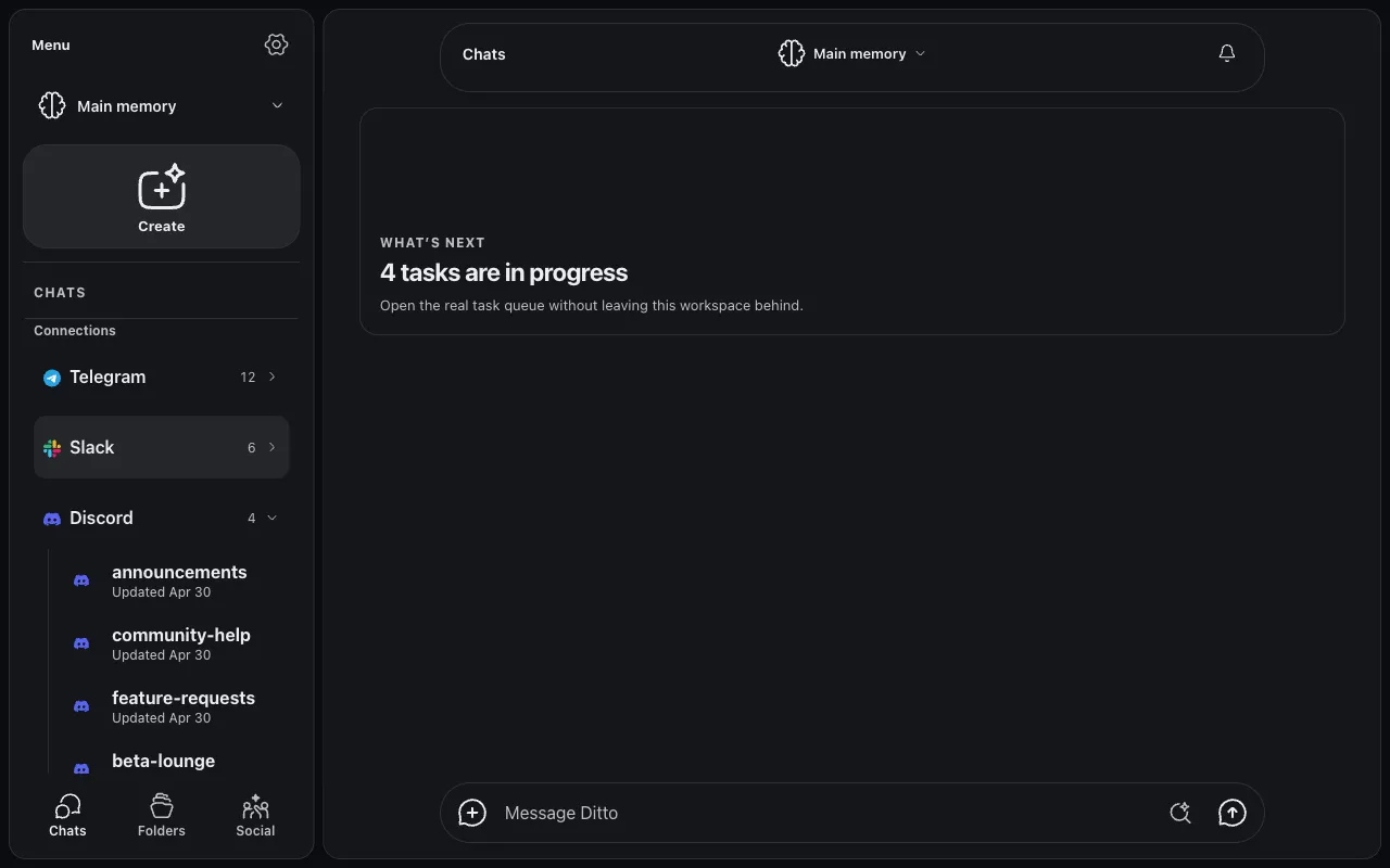 Ditto V2 workspace showing synced Telegram, Slack, and Discord conversation folders in the sidebar with the message composer