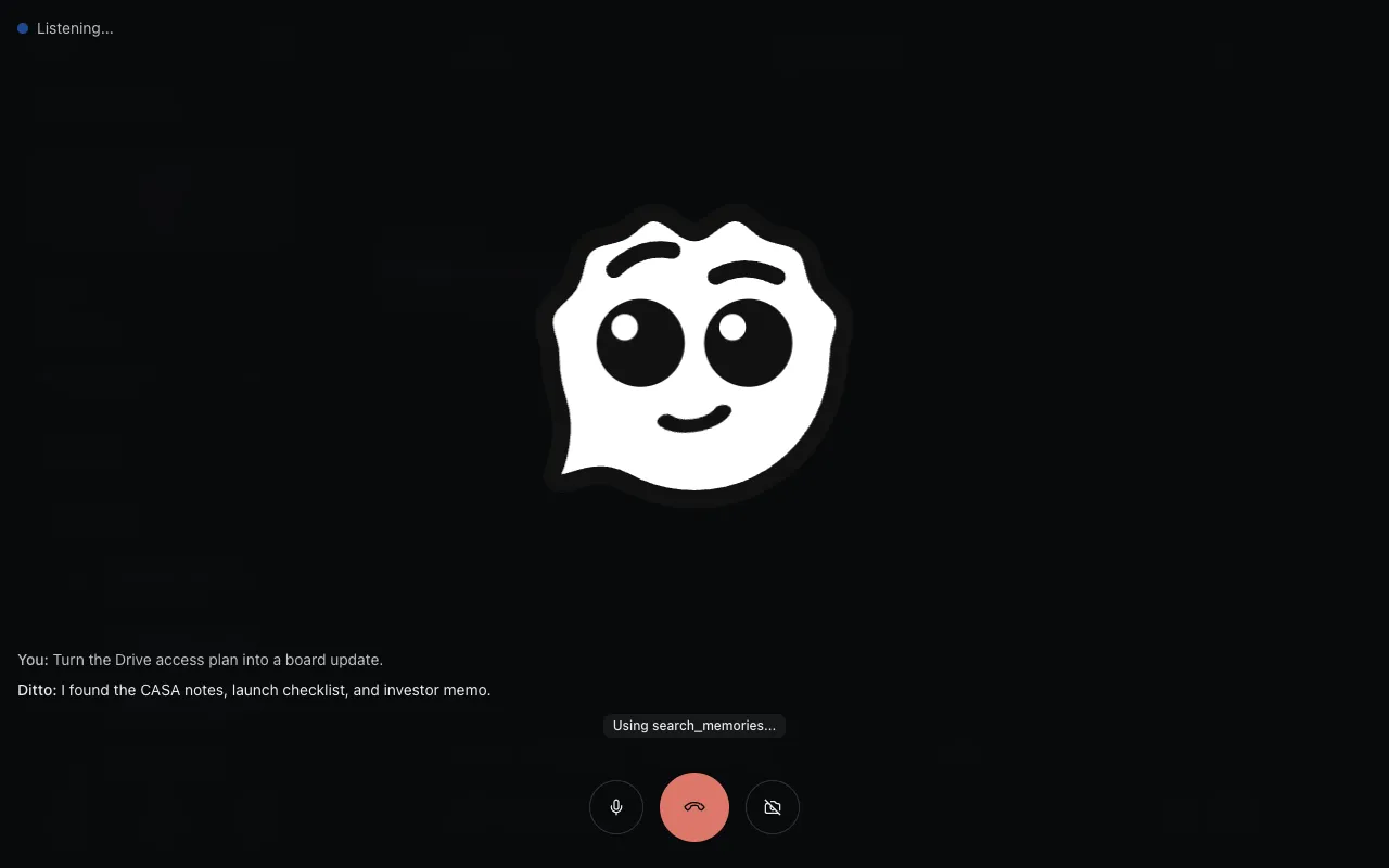 Live mode in a voice session: Ditto listening, a live transcript, and a search_memories tool call running