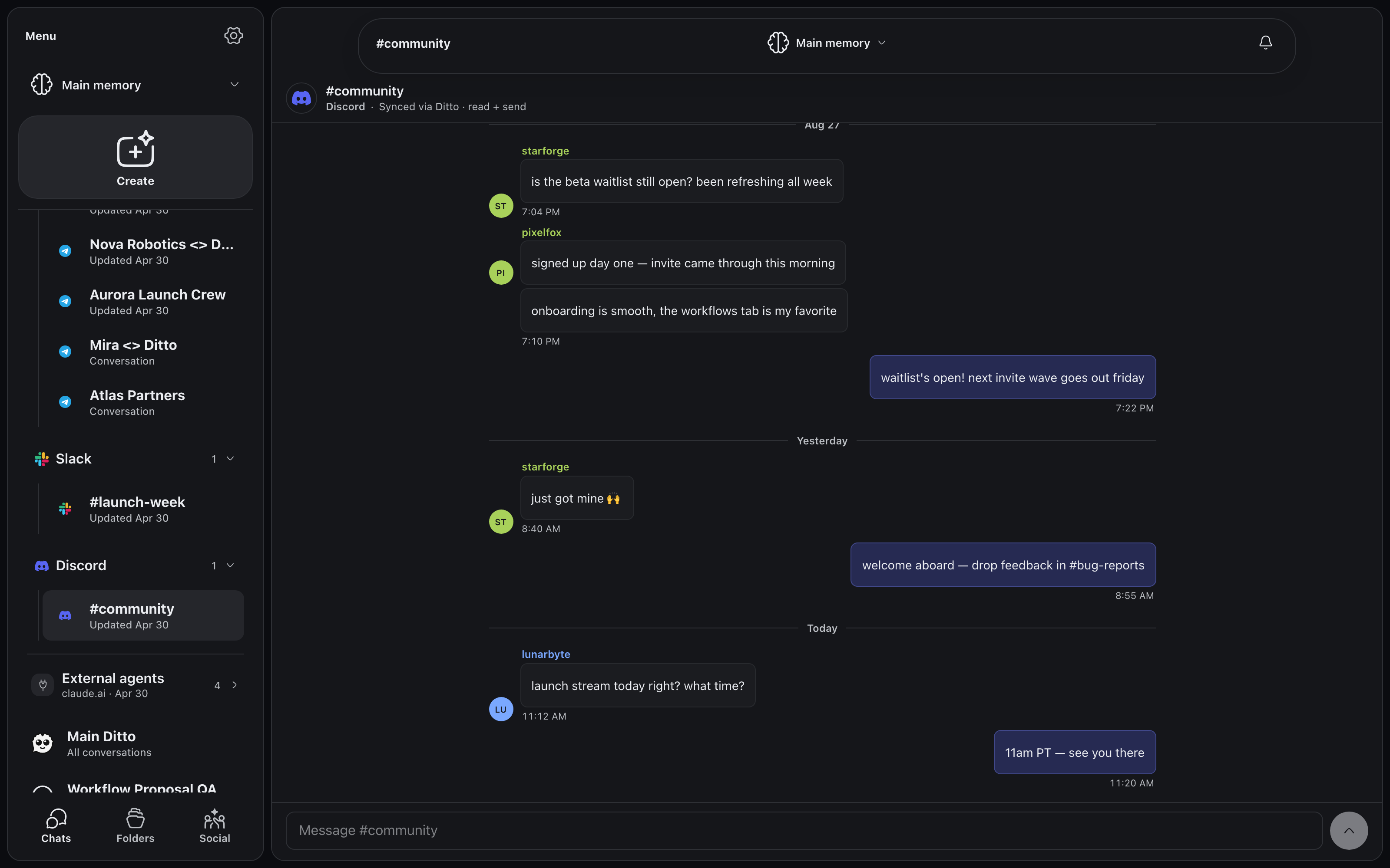 The #community Discord channel inside Ditto with read and send enabled: community members starforge, pixelfox, and lunarbyte ask about the beta, and your own webhook replies appear in Discord blurple under your name