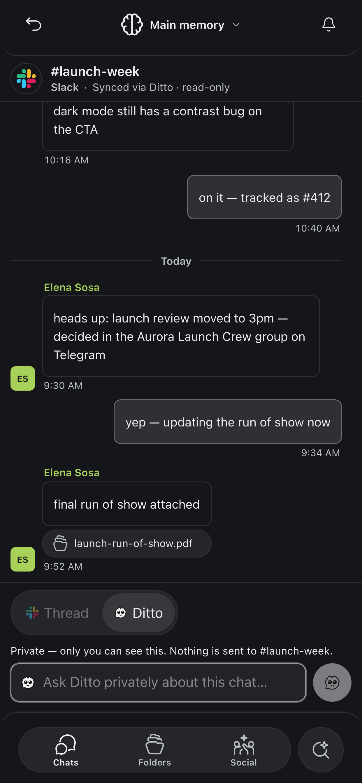 Ditto V2 on mobile showing the #launch-week Slack channel as a native chat, with the composer in Ditto mode for private questions about the thread
