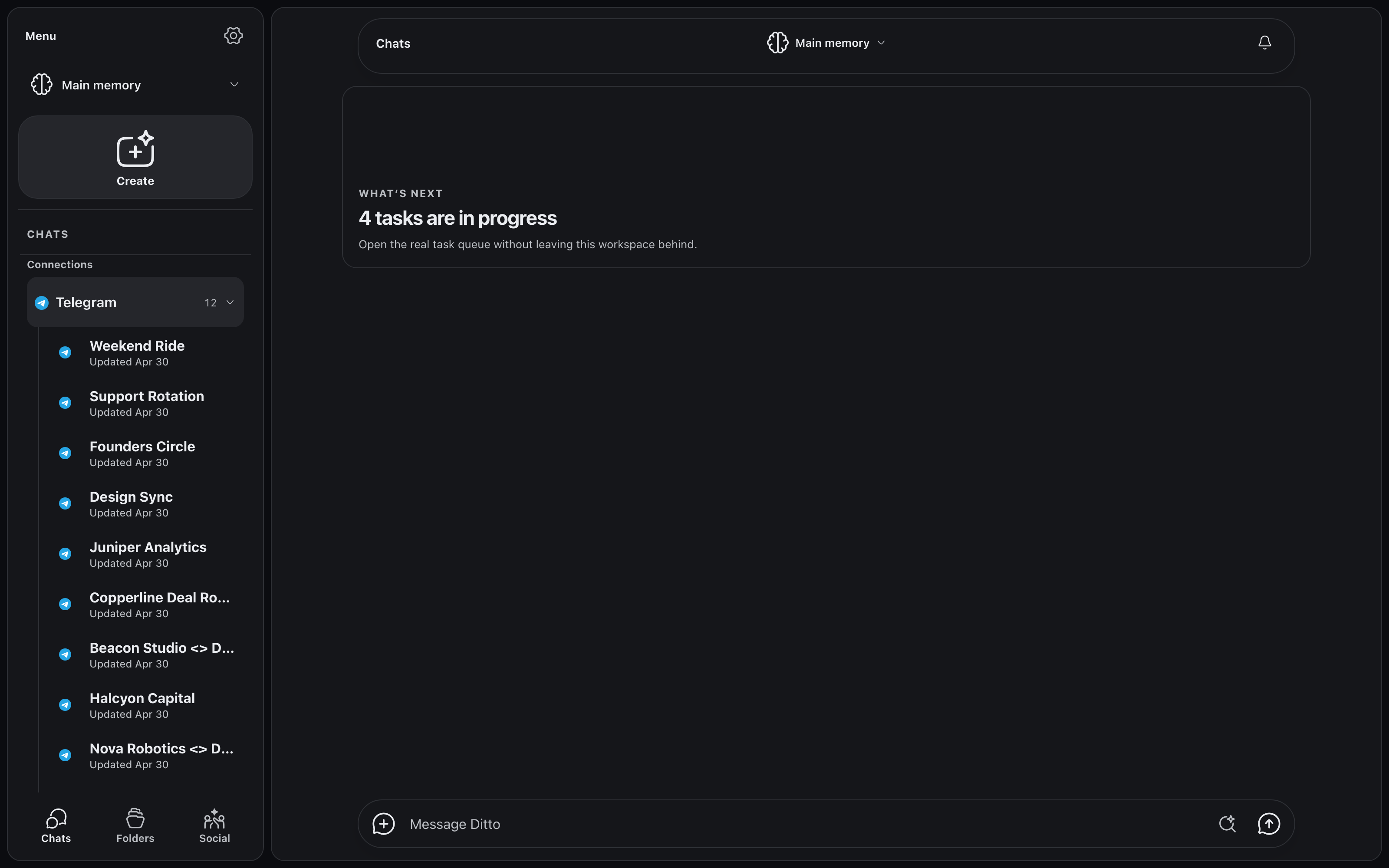 The Ditto V2 unified inbox: a Connections sidebar listing twelve Telegram chats, the #launch-week Slack channel, and the #community Discord channel, next to a home card reading "4 tasks are in progress"