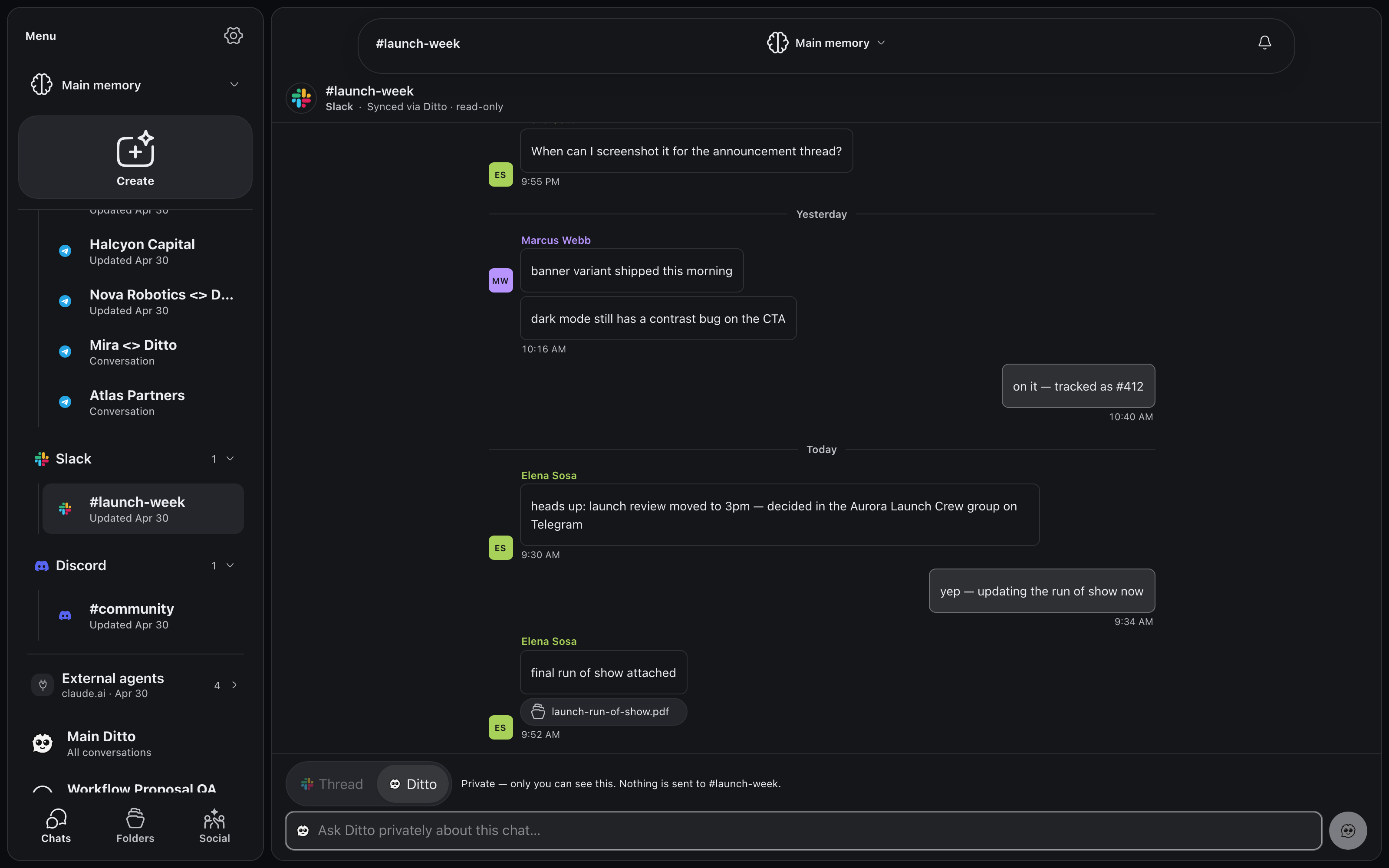 The #launch-week Slack channel inside Ditto, read-only: Elena Sosa relays a decision made in the Telegram group and attaches launch-run-of-show.pdf as a file chip, Marcus Webb reports a dark-mode contrast bug, and the composer sits in Ditto mode with the Thread option disabled and the note "Nothing is sent to #launch-week"