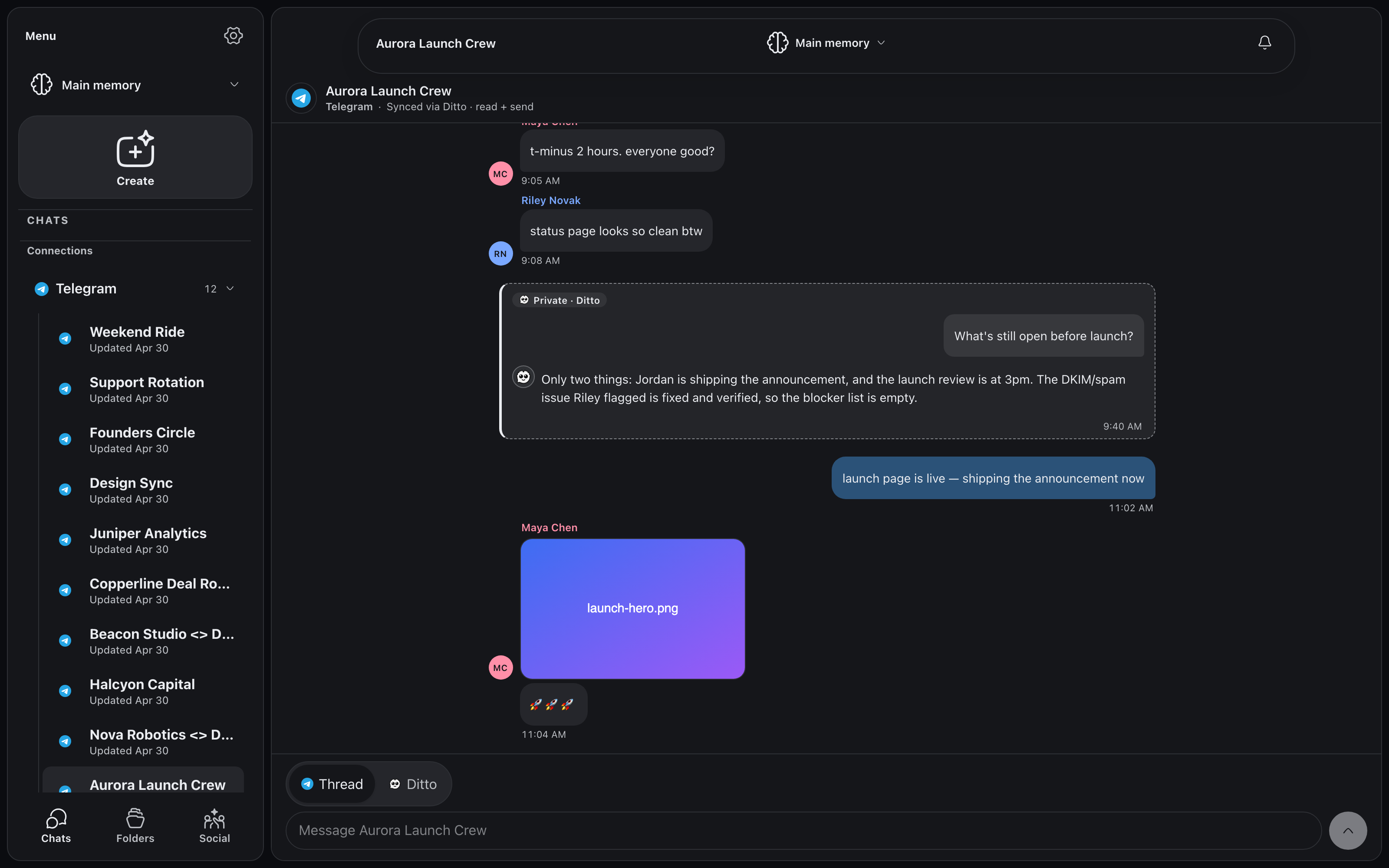 The Aurora Launch Crew Telegram group inside Ditto, rendered with native Telegram-style bubbles: Maya Chen and Riley Novak coordinate a launch, Maya shares a launch-hero.png image, your own reply sits in Telegram blue, and a dashed "Private · Ditto" card holds a private question and answer mid-conversation, above a composer with a Thread and Ditto toggle