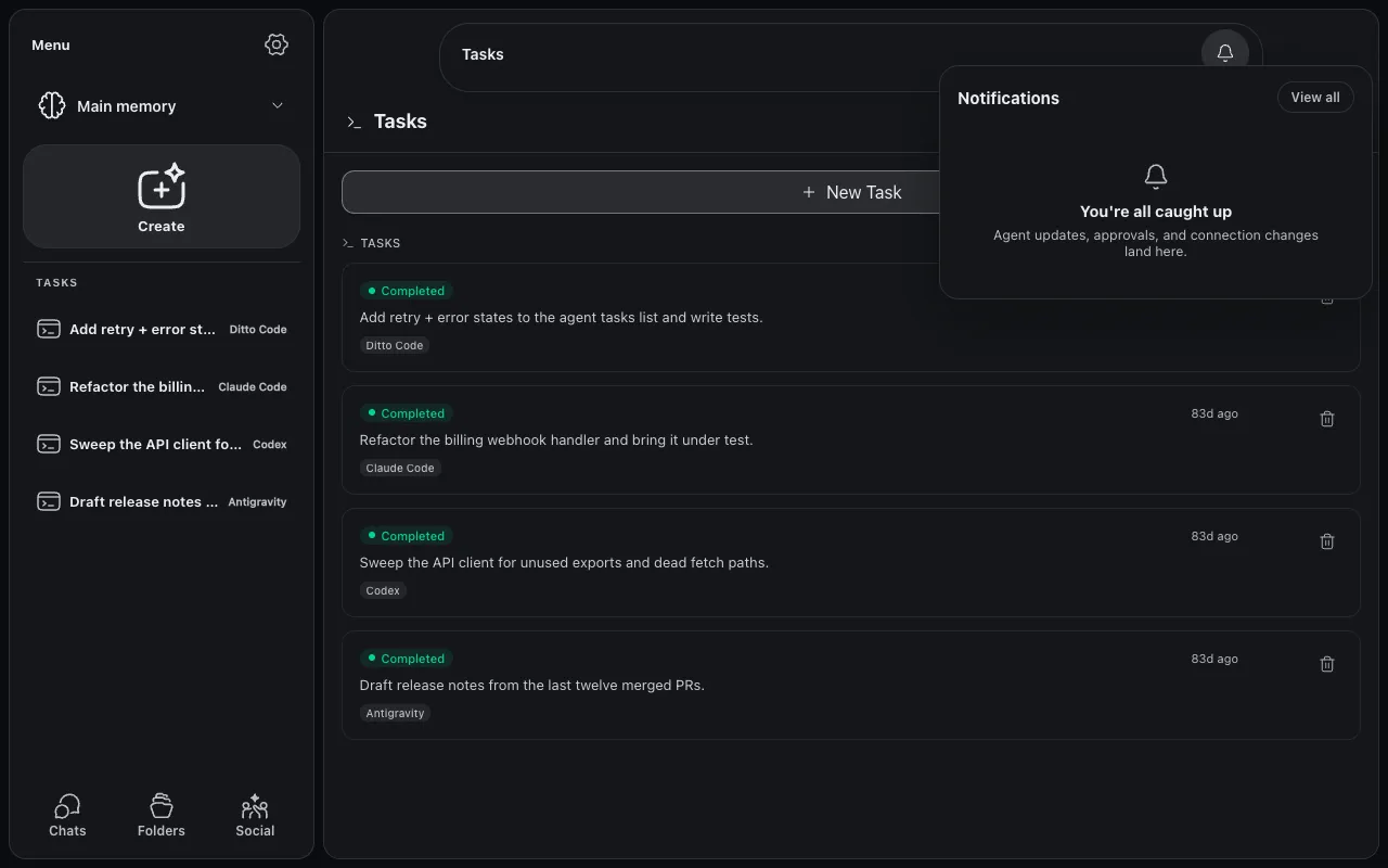 The notifications panel open over the Tasks queue, showing the caught-up state