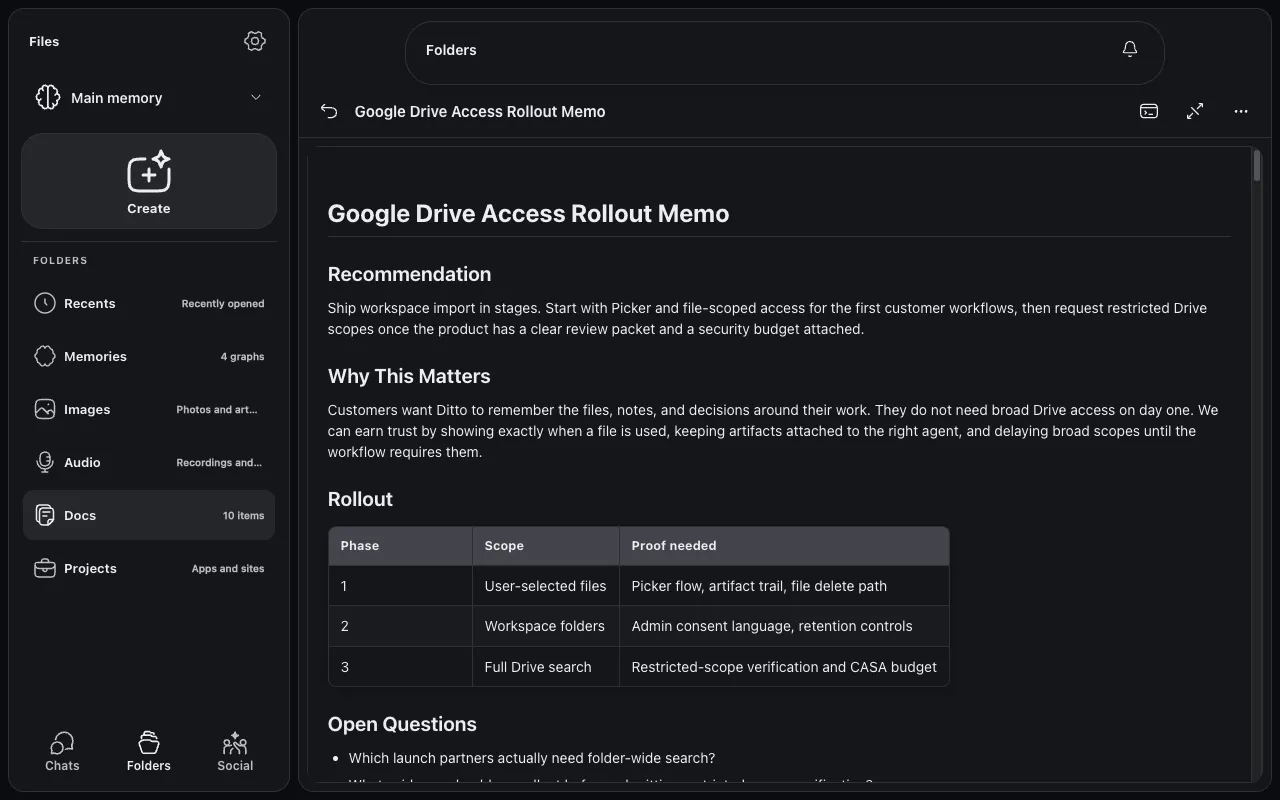 The V2 previewer rendering a formatted markdown memo with headings and a rollout table