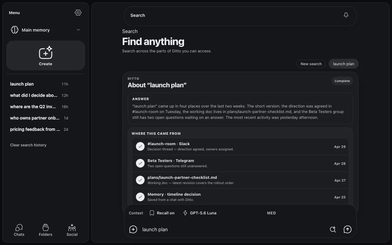 Search results showing a synthesized answer about a launch plan with four cited sources, and a list of recent searches in the left pane