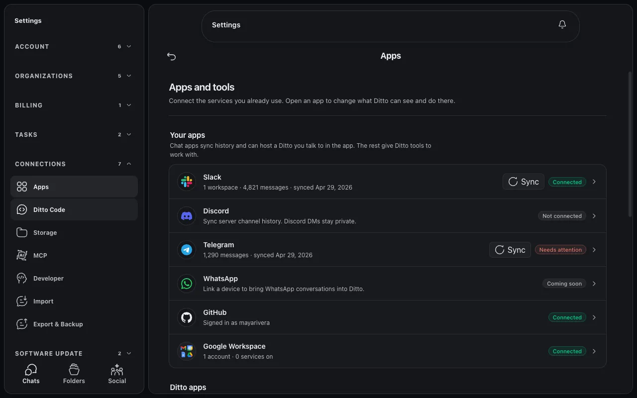 Settings Apps tab showing Slack, Discord, Telegram, WhatsApp, GitHub, and Google Workspace with sync and connection states