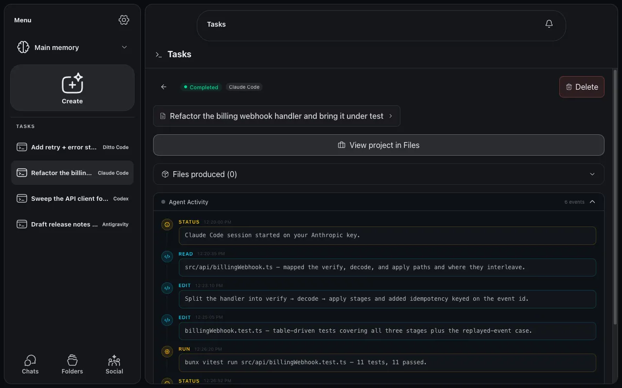 A completed Claude Code task with its Agent Activity log — status, file reads, edits, and a passing test run — with prior tasks listed in the sidebar