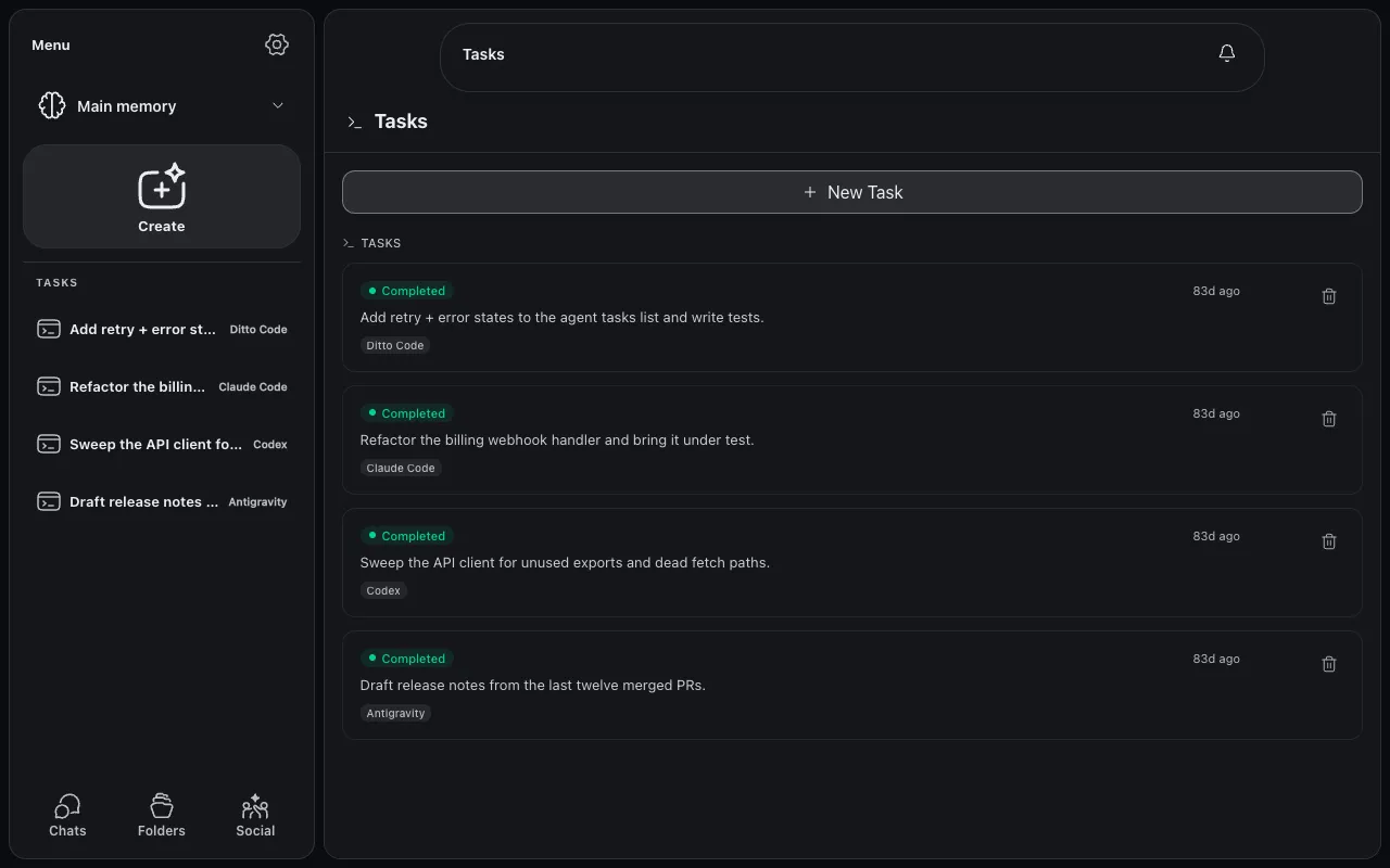 The Tasks queue showing completed jobs run by Ditto Code, Claude Code, Codex, and Antigravity side by side, with the task list mirrored in the sidebar