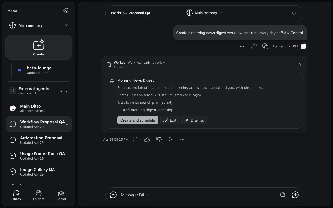 A workflow proposal card in chat showing a Morning News Digest workflow with two steps, a daily schedule, and Create and schedule, Edit, and Dismiss buttons